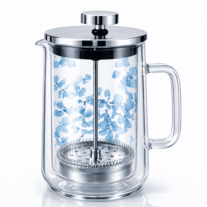 Jarra Cafetera de Vidrio Doble Pared 1 L con Flores Decorativas – Cafetera Prensa Francesa Elegante para Café o Infusiones 1