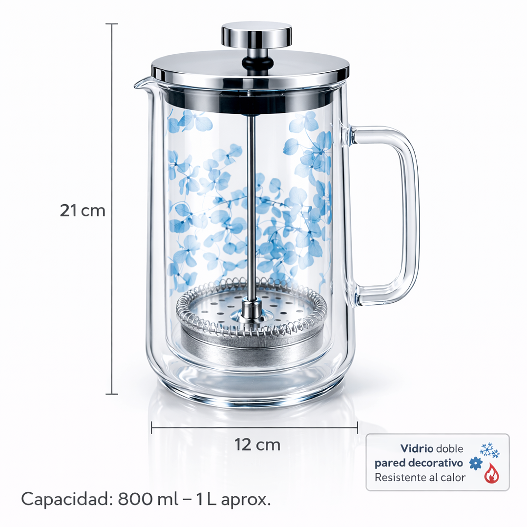 Jarra Cafetera de Vidrio Doble Pared 1 L con Flores Decorativas – Cafetera Prensa Francesa Elegante para Café o Infusiones 2