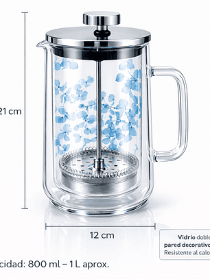 Jarra Cafetera de Vidrio Doble Pared 1 L con Flores Decorativas – Cafetera Prensa Francesa Elegante para Café o Infusiones