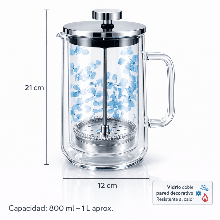 Jarra Cafetera de Vidrio Doble Pared 1 L con Flores Decorativas – Cafetera Prensa Francesa Elegante para Café o Infusiones 2