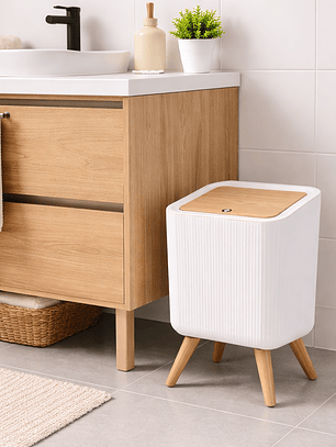 Tacho de Basura Moderno con Tapa Color Madera – Diseño Elegante para Baño y Hogar