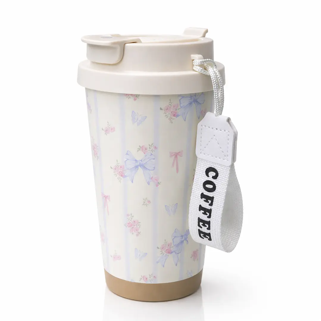 Termo Taza Premium Acero Inoxidable 316 con Tapa Hermética y Diseño Floral – Portátil con Asa “COFFEE” 1