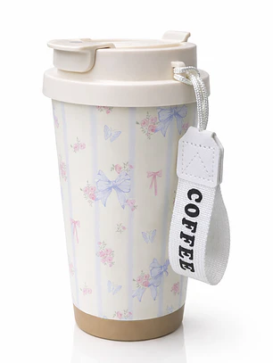 Termo Taza Premium Acero Inoxidable 316 con Tapa Hermética y Diseño Floral – Portátil con Asa “COFFEE”