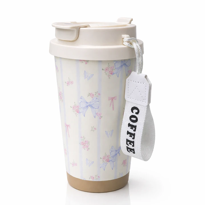 Termo Taza Premium Acero Inoxidable 316 con Tapa Hermética y Diseño Floral – Portátil con Asa “COFFEE” 1