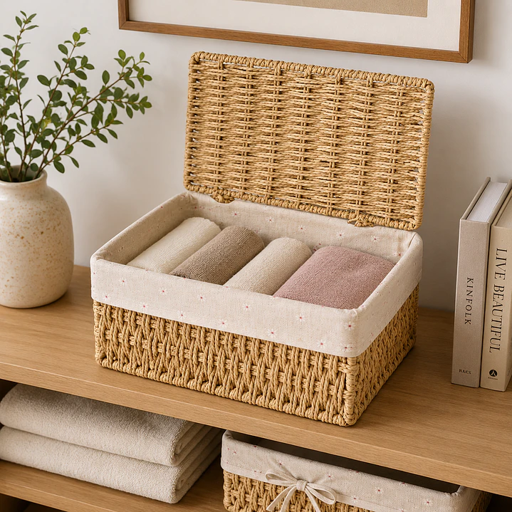 Set de 3 Cajas Organizadoras de Mimbre con Tapa | Cestos Decorativos para Hogar 6