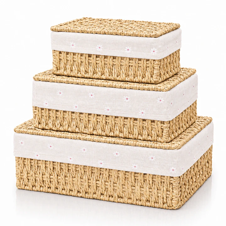 Set de 3 Cajas Organizadoras de Mimbre con Tapa | Cestos Decorativos para Hogar 7