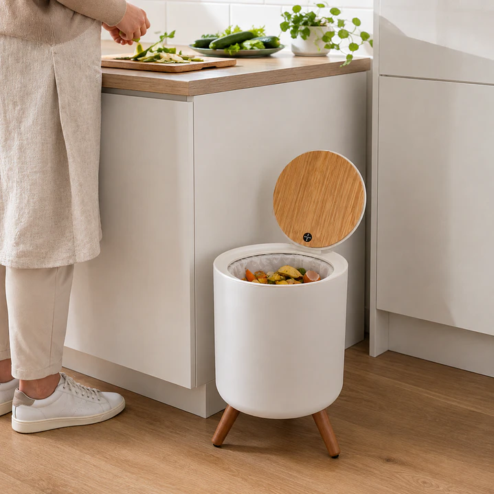 Cesto de Basura Blanco con Tapa de Bambú y Patas 1