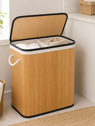 Cesto Doble de Bambú para Ropa con Compartimentos - 50cm con asas y tapa 