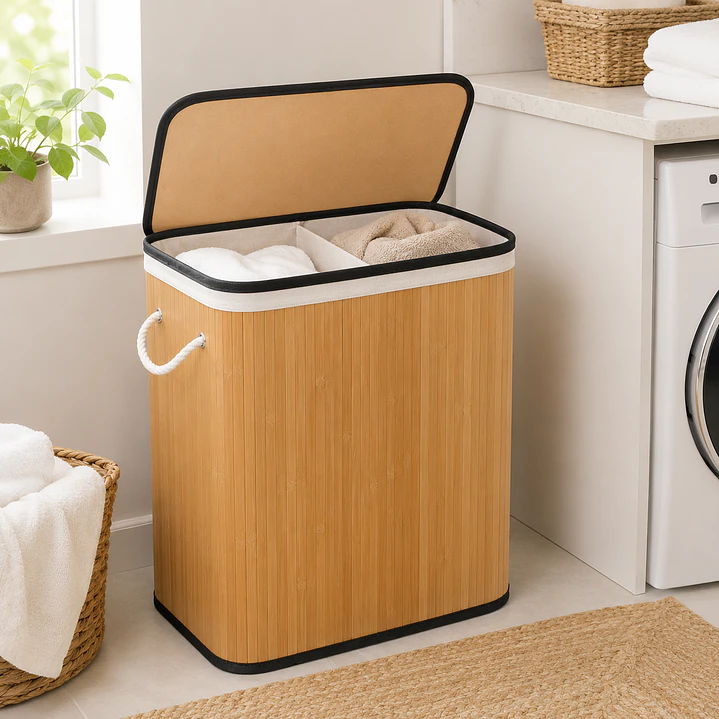 Cesto Doble de Bambú para Ropa con Compartimentos - 50cm con asas y tapa  1