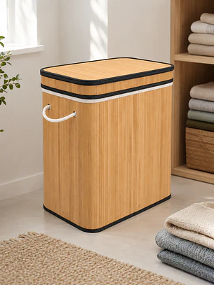 Cesto Doble de Bambú para Ropa con Compartimentos - 50cm con asas y tapa 