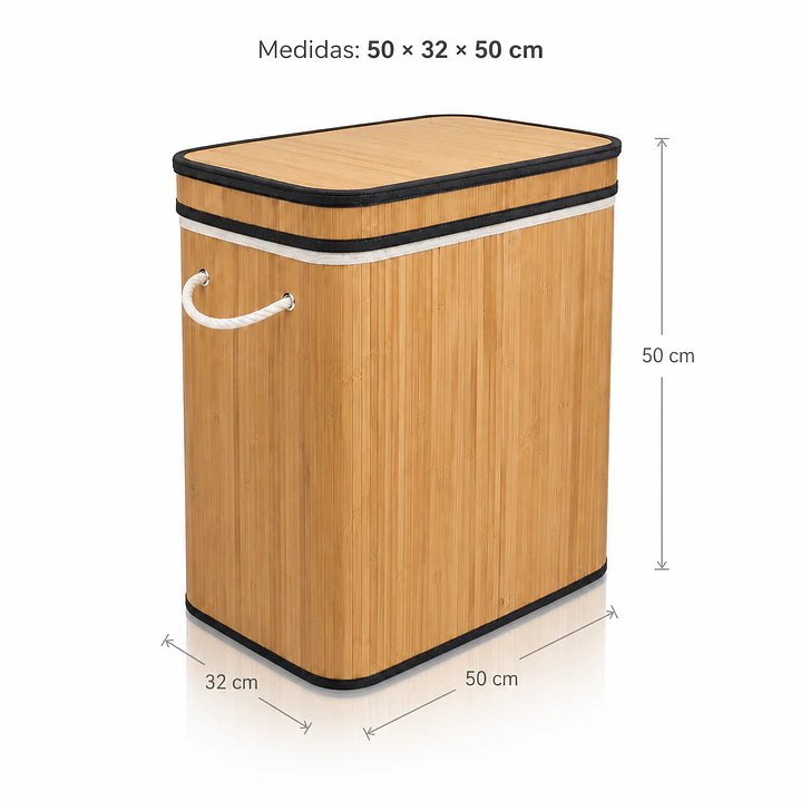 Cesto Doble de Bambú para Ropa con Compartimentos - 50cm con asas y tapa  4