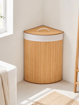Cesto Esquinero de Bambú para Ropa con Tapa - 60cm con asa y tapa 