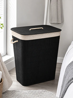 Cesto Organizador de Ropa de Bambú Negro– 50 cm, con Tapa y Asas de Cuerda | Elegante y Resistente