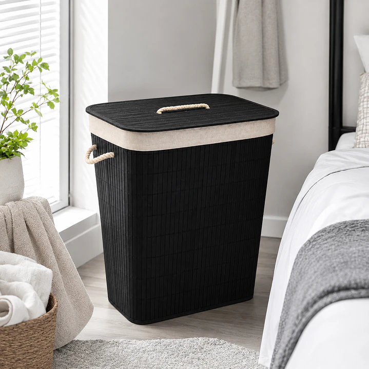 Cesto Organizador de Ropa de Bambú Negro– 50 cm, con Tapa y Asas de Cuerda | Elegante y Resistente 1