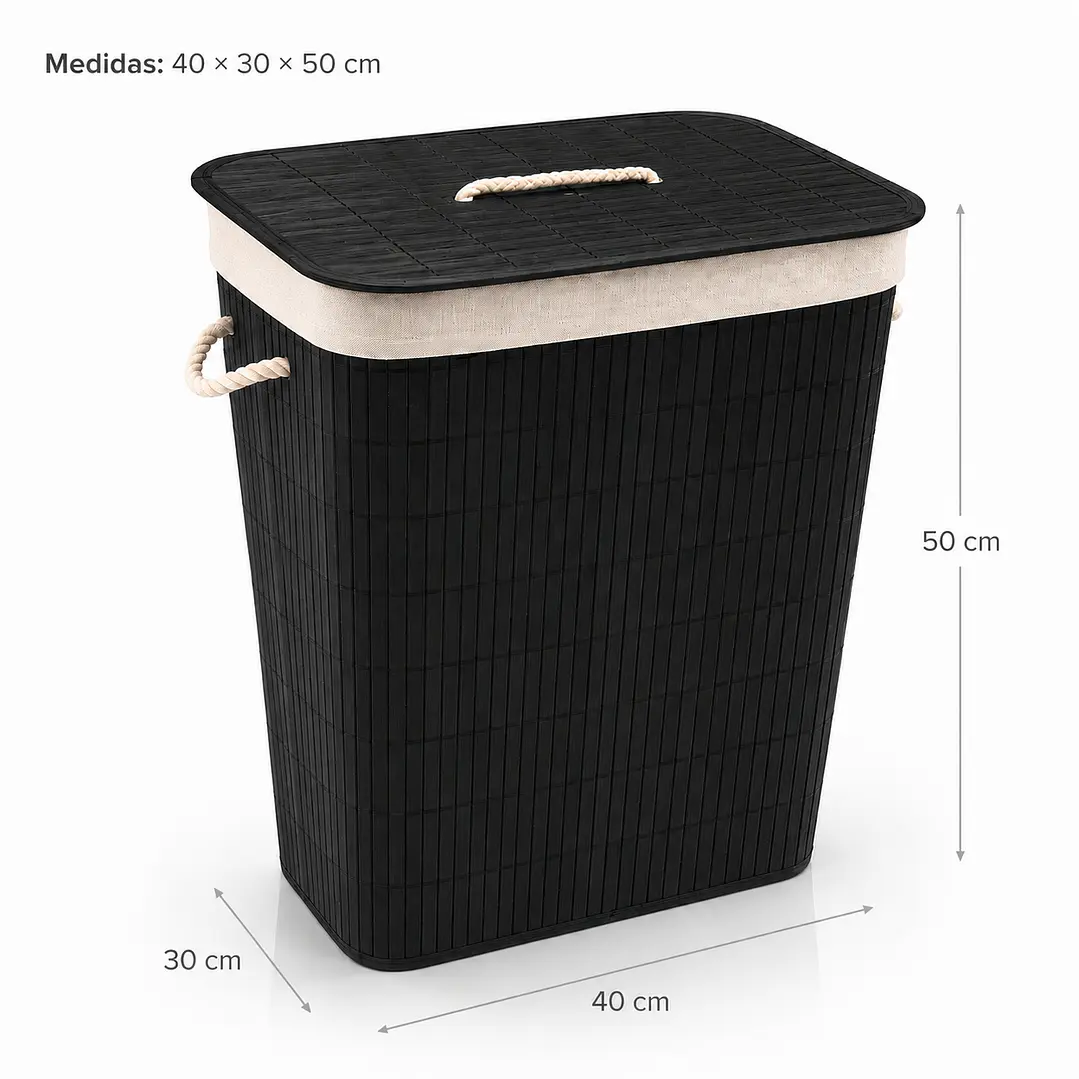 Cesto Organizador de Ropa de Bambú Negro– 50 cm, con Tapa y Asas de Cuerda | Elegante y Resistente 2