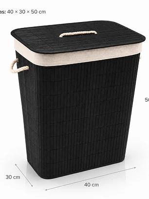 Cesto Organizador de Ropa de Bambú Negro– 50 cm, con Tapa y Asas de Cuerda | Elegante y Resistente
