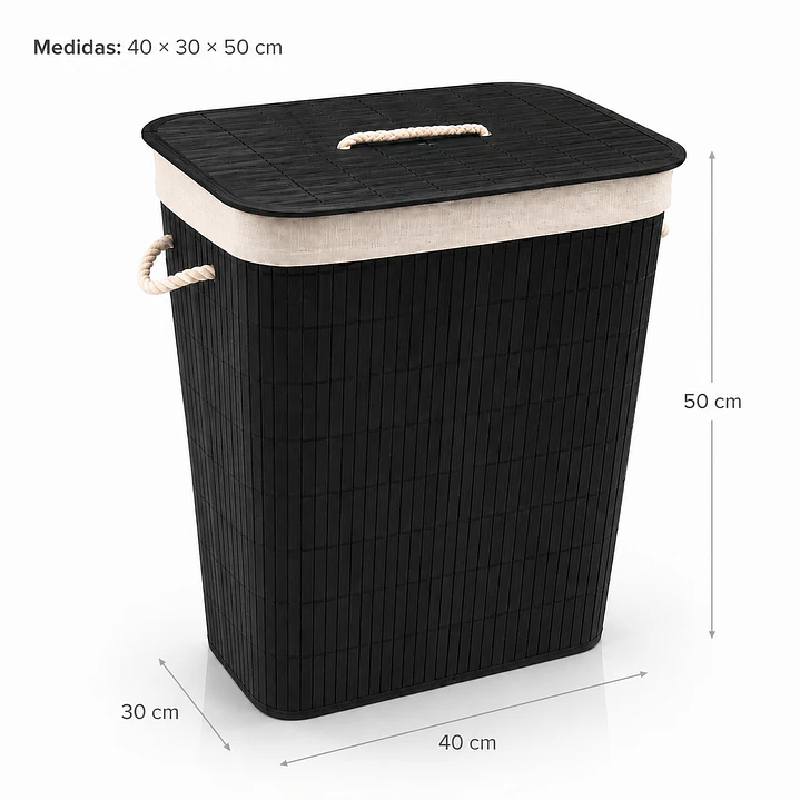 Cesto Organizador de Ropa de Bambú Negro– 50 cm, con Tapa y Asas de Cuerda | Elegante y Resistente 2