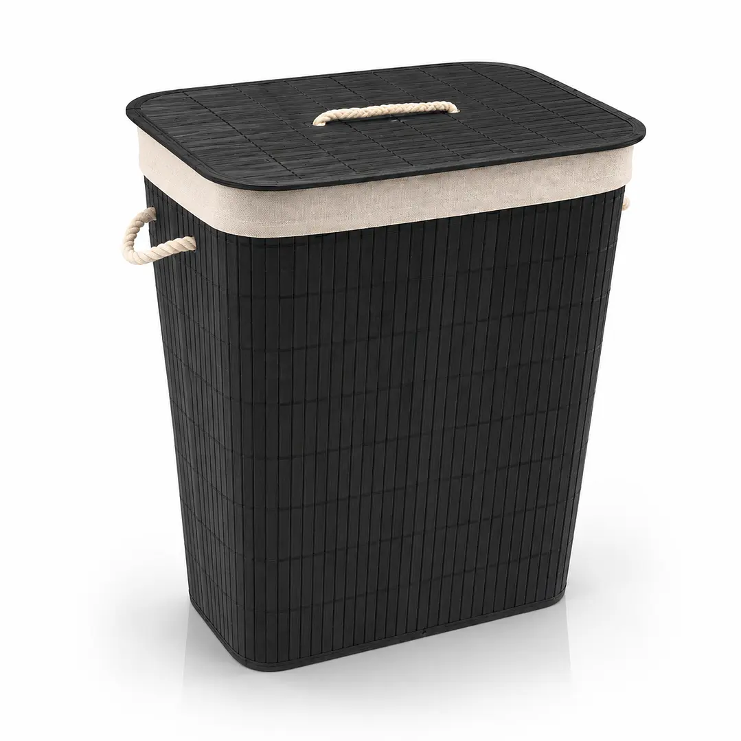 Cesto Organizador de Ropa de Bambú Negro– 50 cm, con Tapa y Asas de Cuerda | Elegante y Resistente 3