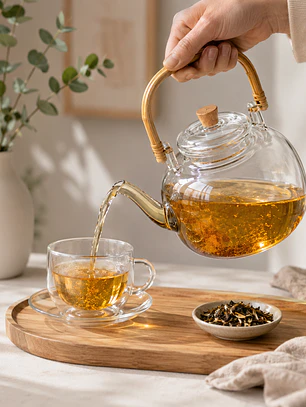 Tetera de Vidrio Borosilicato con Asa de bambú  – 1000ml Diseño Elegante- 