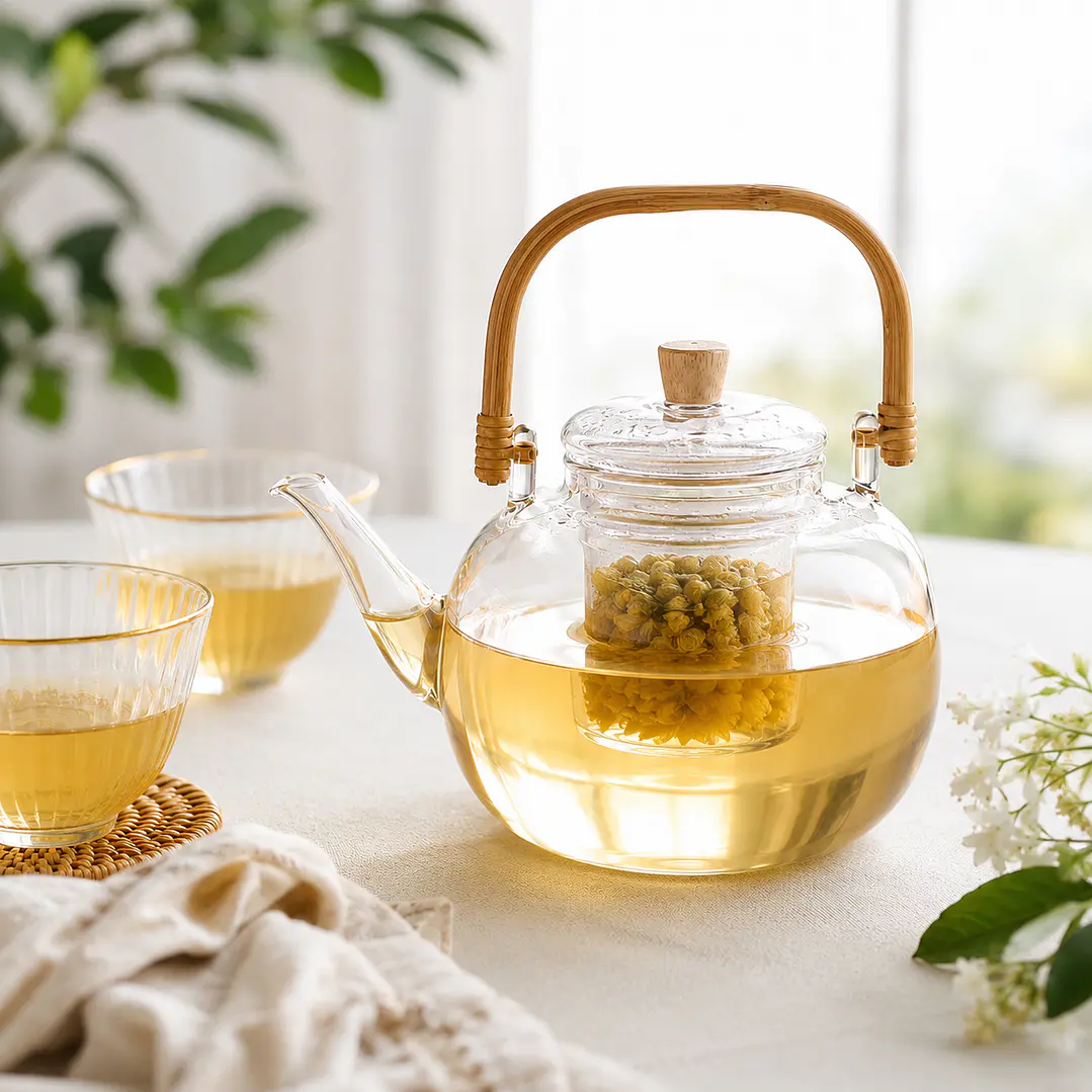Tetera de Vidrio Borosilicato con Asa de bambú  – 1000ml Diseño Elegante-  1