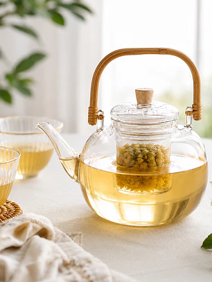 Tetera de Vidrio Borosilicato con Asa de bambú  – 1000ml Diseño Elegante- 