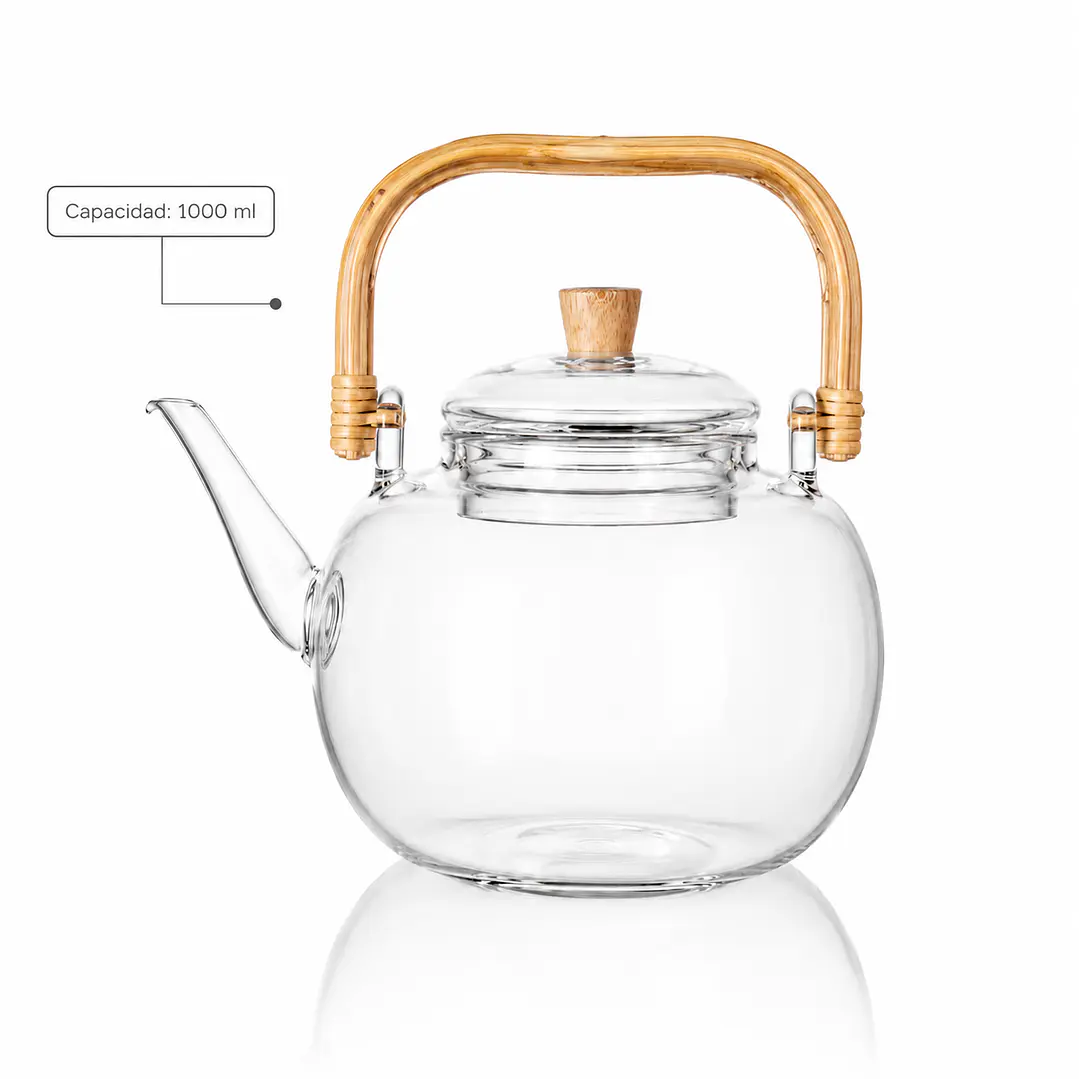 Tetera de Vidrio Borosilicato con Asa de bambú  – 1000ml Diseño Elegante-  3