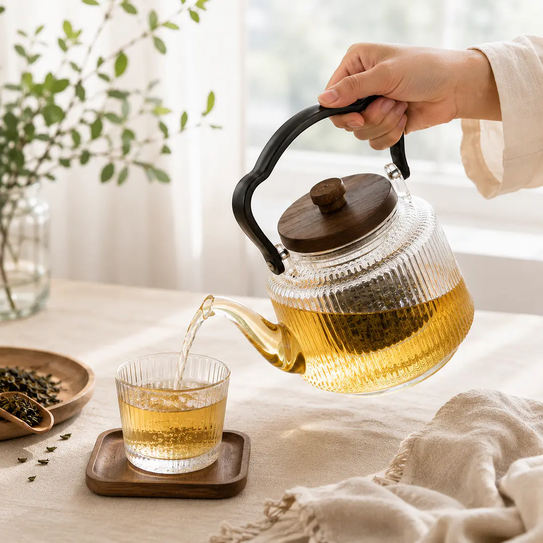 Tetera Infusora de Vidrio con Mango de Madera - 1000ML 2