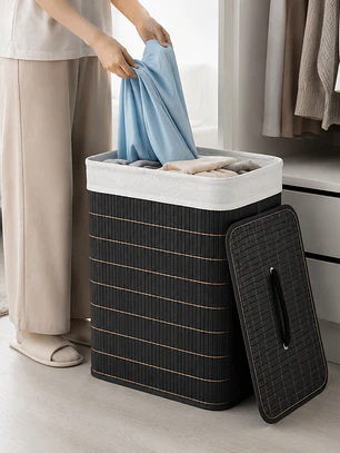 Cesto Organizador de Ropa de Bambú Negro– 50 cm, con Tapa y Asas de Cuerda | Elegante y Resistente