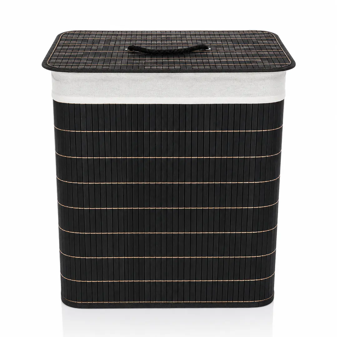 Cesto Organizador de Ropa de Bambú Negro– 50 cm, con Tapa y Asas de Cuerda | Elegante y Resistente 4