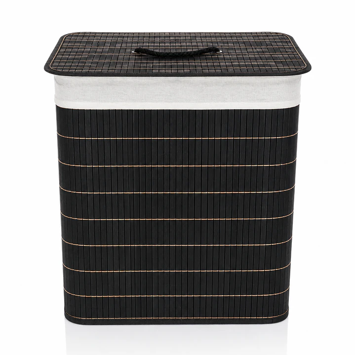 Cesto Organizador de Ropa de Bambú Negro– 50 cm, con Tapa y Asas de Cuerda | Elegante y Resistente 4