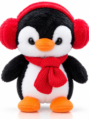 Peluche Pingüino con Orejeras y Bufanda 28 cm – Suave y Tierno