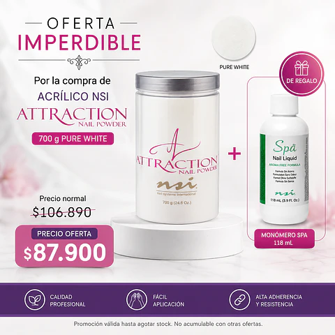 Acrílico NSI Attraction Pure White 700 g + Monómero Spa 118 mL de Regalo