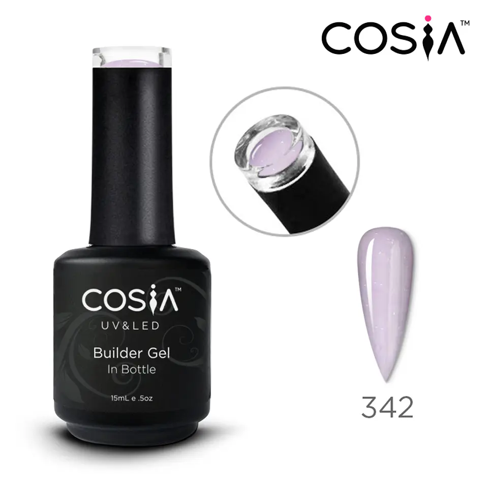 COSIA Builder Gel In Bottle 342 – Milky Lilac Glitter | Gel Constructor Blanco Lechoso con Matices Lilas y Glitter 15 ml 1