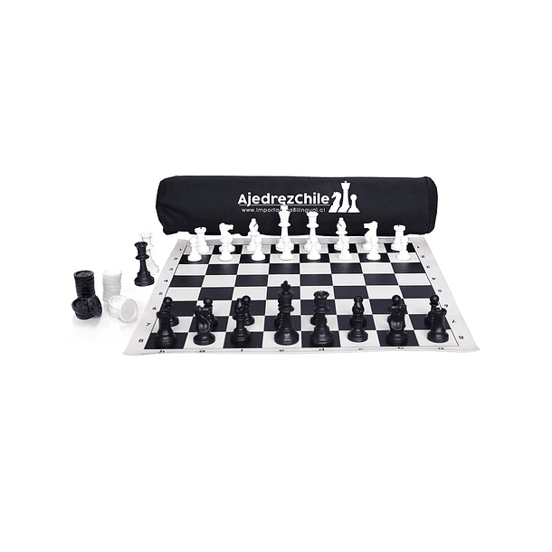 Set de damas y ajedrez (incluye tablero vinilo negro con piezas de damas y ajedrez y bolso) 1