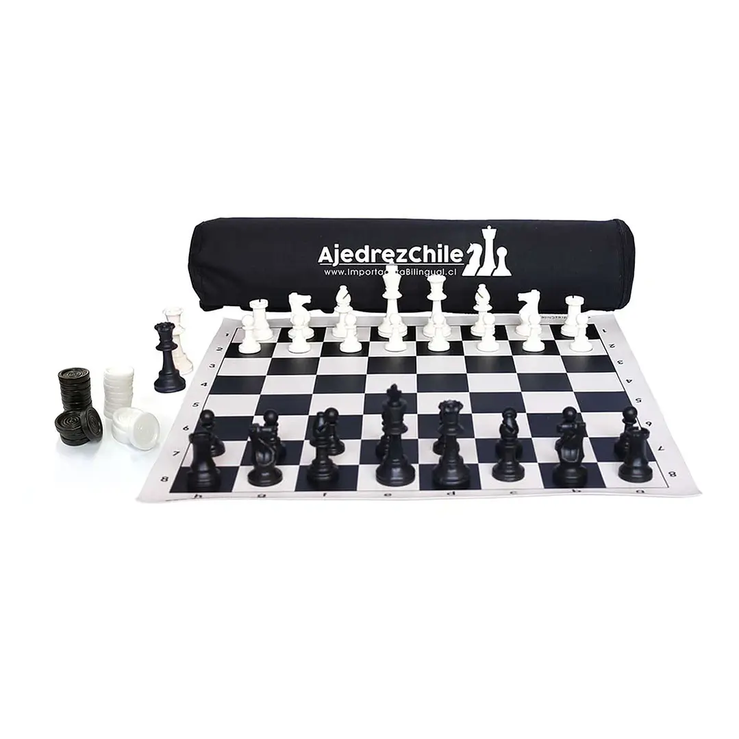 Set de damas y ajedrez (incluye tablero vinilo negro con piezas de damas y ajedrez y bolso) 1