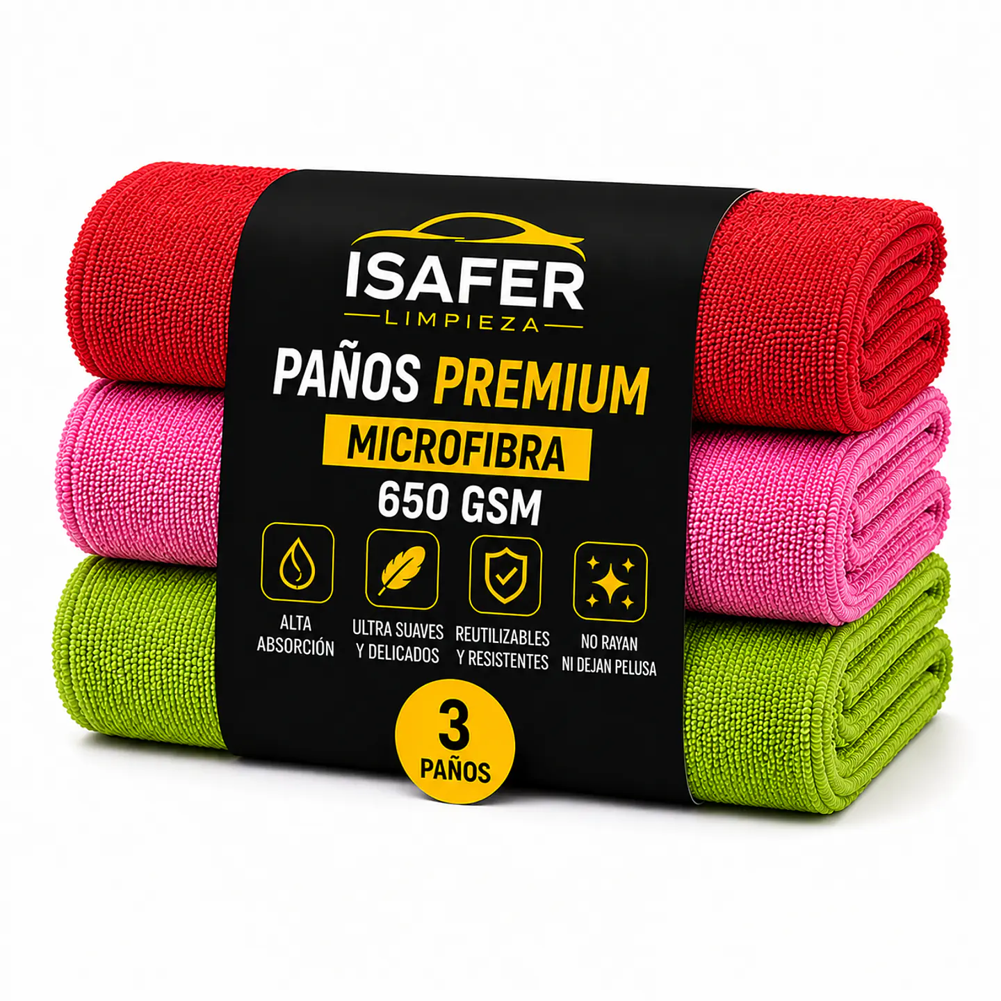 Pack 3 Paños Premium 650 GSM - Rojo/rosado/Verde 1