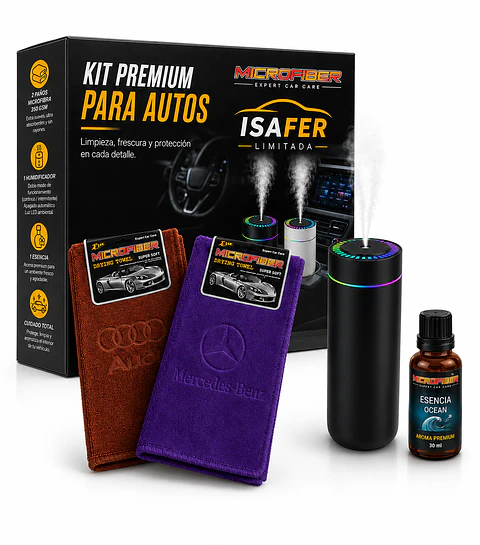 Kit Premium para Autos Microfiber Isafer 2 paños + Humidificador + Aroma