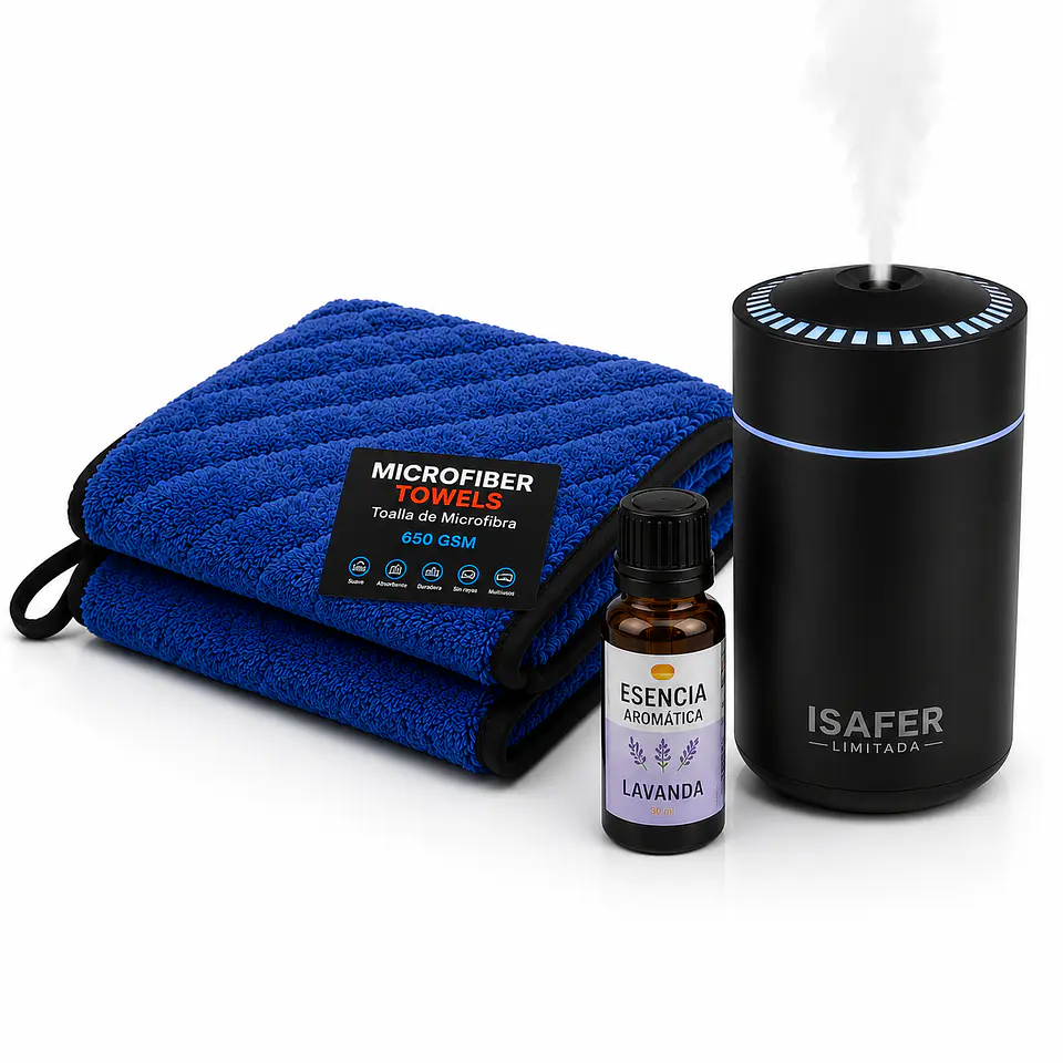 Kit Premium Aroma & Limpieza para Auto – Paño Azul 650 GSM + Humidificador + Esencia 1
