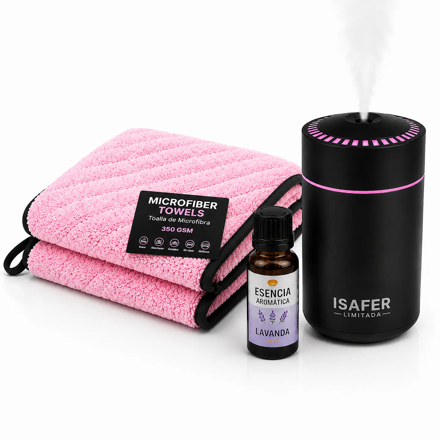 Kit Premium Aroma & Limpieza para Auto – Paño Rosado 650 GSM + Humidificador + Esencia 1