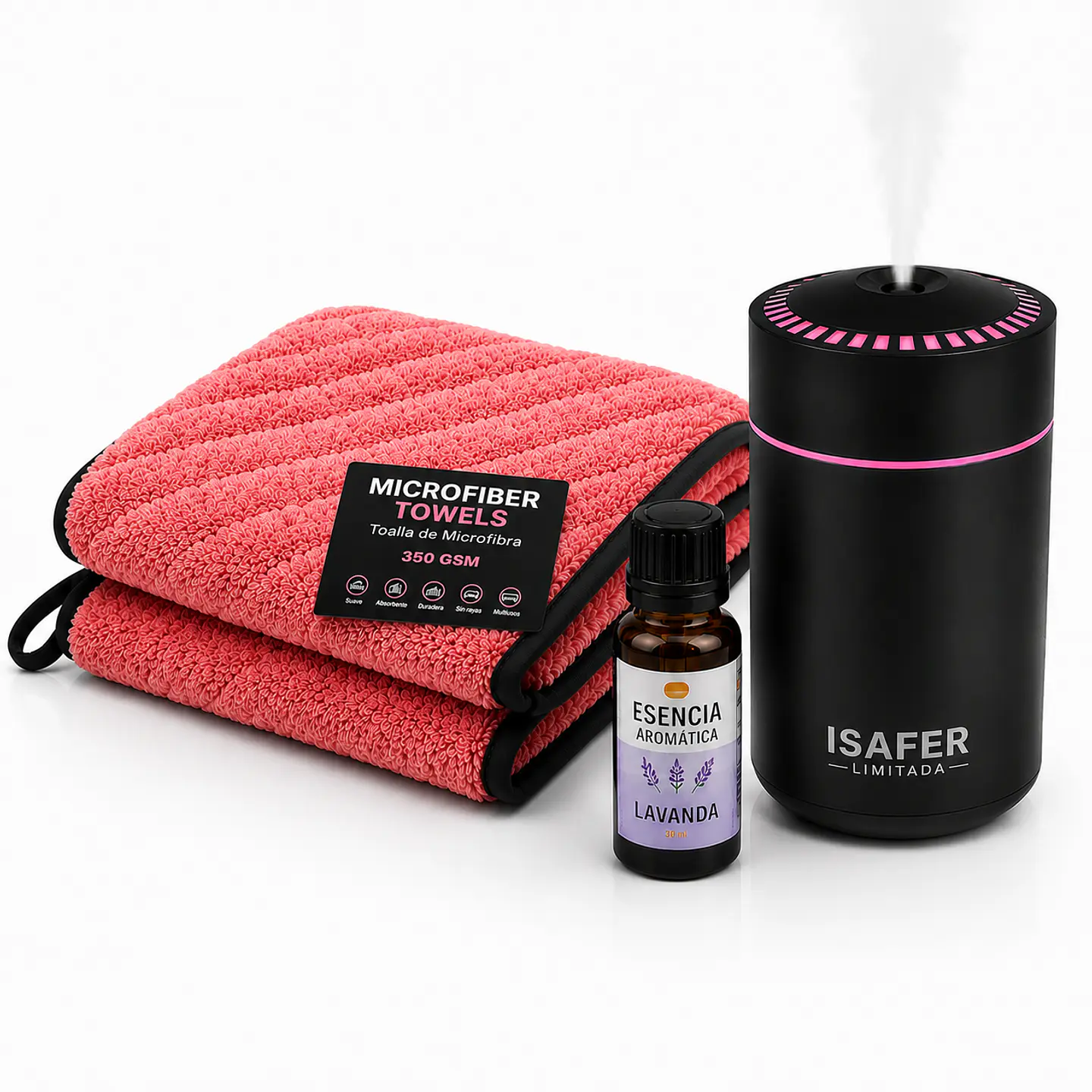 Kit Premium Aroma & Limpieza para Auto – Paño rojo 650 GSM + Humidificador + Esencia 1