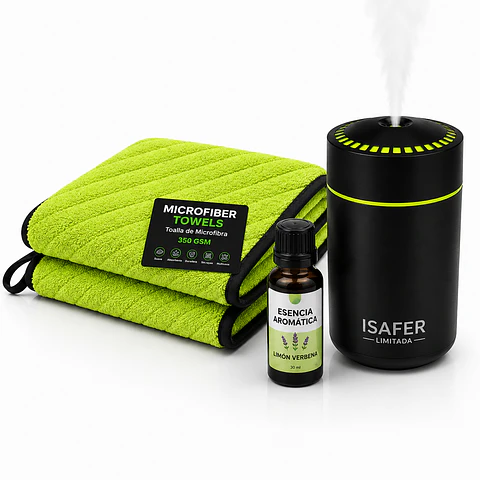 Kit Premium Aroma & Limpieza para Auto – Paño verde 650 GSM + Humidificador + Esencia