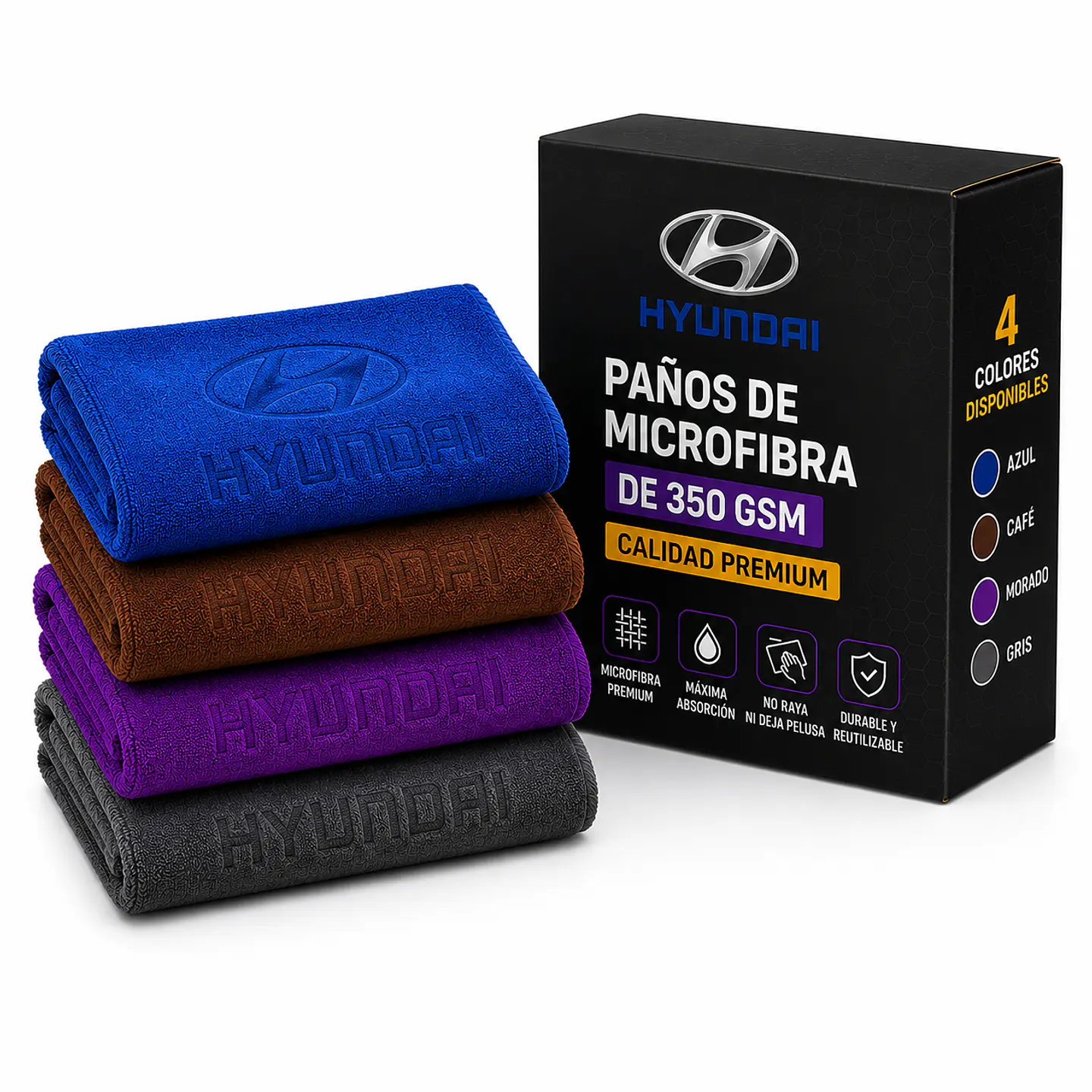 Pack 4 Paños Microfibra 350 GSM Hyundai - 4 Colores 1