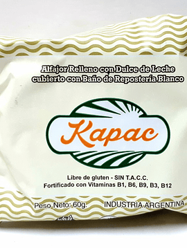 Alfajor Kapac Chocolate Blanco relleno de Dulce de Leche  -  Sin Gluten