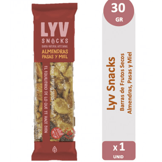 Barra Artesanal Almendras Pasas Miel Lyv Snacks Sin Gluten