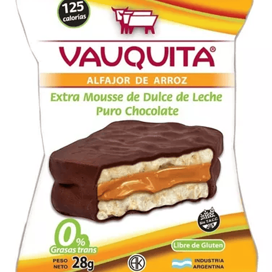 Alfajor De Arroz Extra Mousse Sabor Dulce Leche Chocolate Negro Vauquita Sin Gluten 