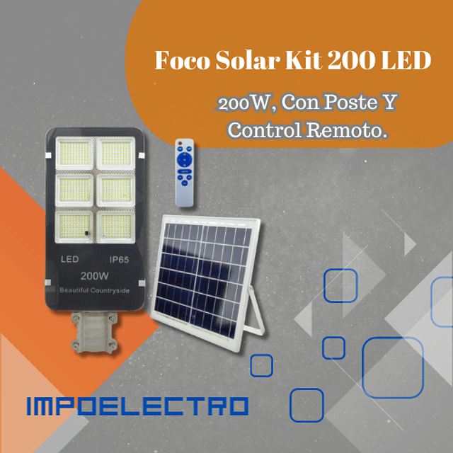 Foco Solar Kit 200 LED, 200W, Con Poste Y Control Remoto.
