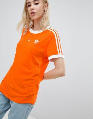 Adidas 3 Stripe Ringer T-Shirt In Orange