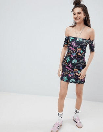 adidas Originals Floral Print Reversible Off Shoulder Dress