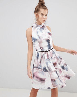 Little Mistress High Neck Prom Dress In WATERCOLOR Print