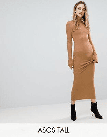 TALL City Maxi Rib Bodycon Dress with Turtleneck and Frill Cuffs